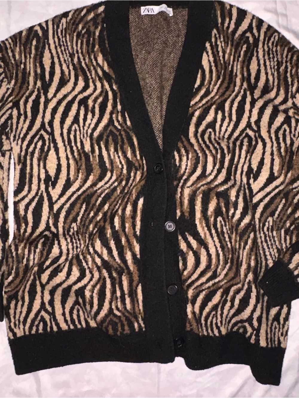 Zara Women’s Black and Tan Zebra-Print Cardigan Sweater